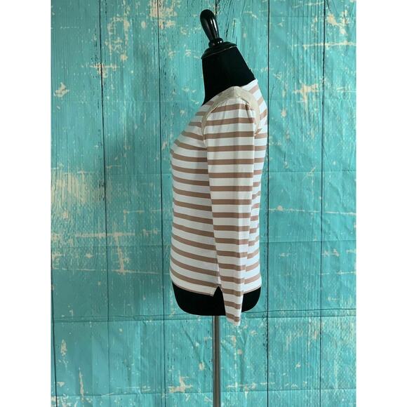 J. Crew White brown Striped Long Sleeve Suede Shoulder Tee XXS - Picture 6 of 8